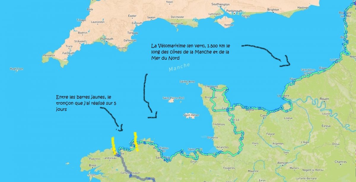 Carte tracé complet Vélomaritime et ma zone parcourue sur 5 jours