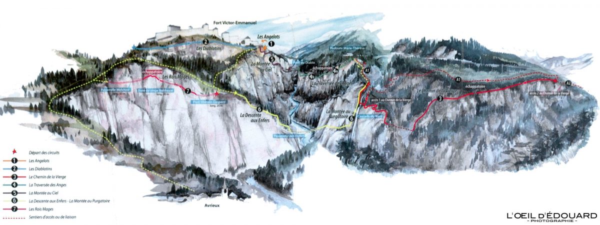 Plan parcours Via Ferrata du Diable Aussois Haute Maurienne Savoie Alpes France Activité Montagne Outdoor Mountain Climbing Climb